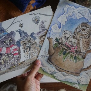 Wyrd Sisters Vogel Aquarell Kunstdruck Set - Schneeeule Mama Teekanne Postkarte, Kookaburra Zauberer Weihnachtskarte, Eule Witchcore Dekor