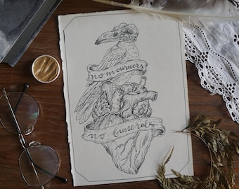 Kettedam Crow Club art print, No Mourners No Funerals | Six of Crows book quote postcard | Hand-drawn Dark Academia bird illustration decor