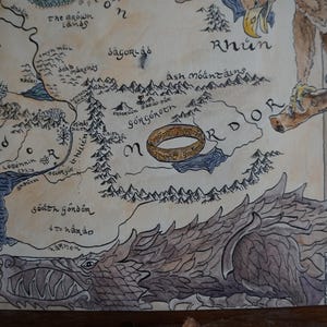 Map of Middle Earth Gicleé hand drawn print | Lord of the Rings art Fantasy Map medieval wall tapestry, Hobbitcore Gaming Mat (cotton twill) image 9