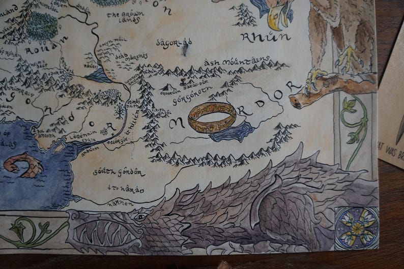 Map of Middle Earth Gicleé hand drawn print | Lord of the Rings art Fantasy Map medieval wall tapestry, Hobbitcore Gaming Mat (cotton twill) image 9
