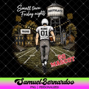 May include: A digital graphic featuring a football player in a white jersey with the text NAME 01, standing on a field. The background shows a water tower labeled SOUTHLAKE, a sign with 76092, and the text Small town Friday nights and GO MASCOT.
