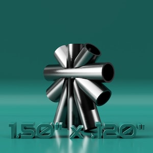 May include: A silver metal sculpture of intersecting pipes, forming a star shape. The sculpture is on a teal background and the text "1.50" x 1.20" is printed below it.