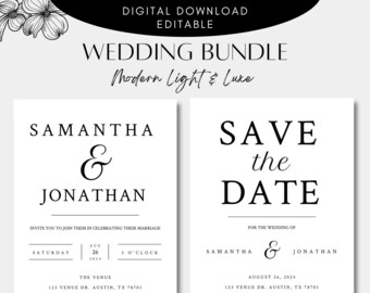 Modern Light Luxe Wedding Invitation Save the Date Bundle - Editable - Instant Download