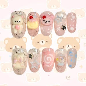 Rilakkuma Press-On Nails: Handmade Pastel Teddy Bear & Sweets Nail Set