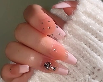 Pink chrome hearts | Handmade press on nails