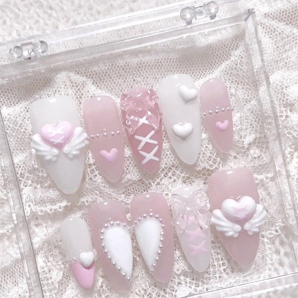 Soft Angel heart  | Handmade press on nails