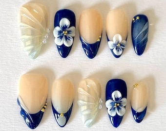 Blue Floral Press-On Nails – 3D Handcrafted Blossom Nails, Elegant Gradient French Tips, Luxury Nail Set