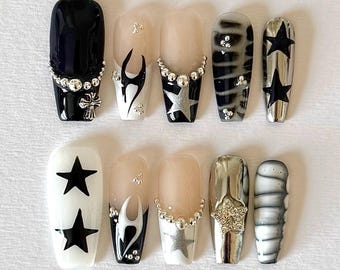 Rockstar Chrome Star Press On Nails: Black Silver 3D Punk Goth Set