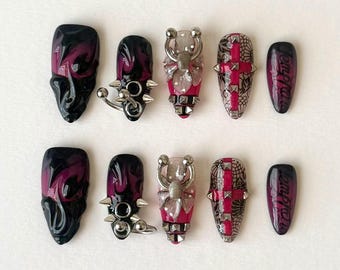 Punk Cross Nails, Cyber Y2K Press Ons, Edgy Grunge Nails, Alternative Pink Black Nail Set