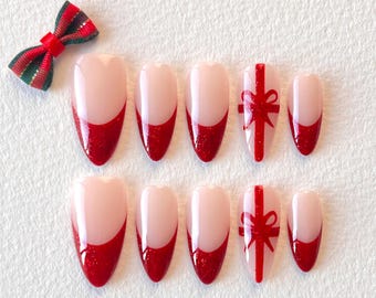 Fröhliche Schleife Press On Nails - Rote Glitzer French Tips mit 3D Schleife, Weihnachtsgeschenk Nägel, Weihnachtsrot Press On, handgefertigte festliche Nägel