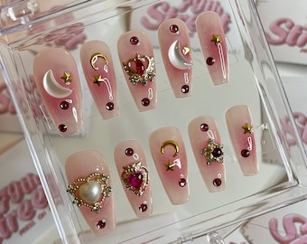 Turning into Sailor Moon Press-On Nails – Celestial Pink Gem Coffin Set, Dreamy Romantic Nail, Perect for Magical Queen