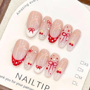 Cherry Ribbon Press-on Nails – Red bow Nail, Cute Fruit Nails, Summer Dainty Red Nails, Kawaii Cherry French Tip Nail
