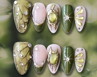 Forest Jewel Press On Nails – Olive Green and Gold 3D Nail Art, Gemstone Nails, Handcrafted Gel Nails, Elegant Press Ons
