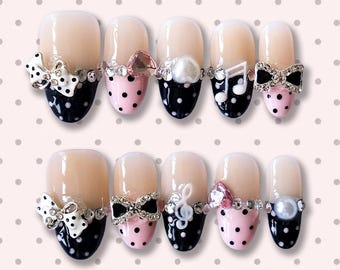 Coquette Melody Press On Nails – Pink and Black Polka Dot Nails with Bows, Pearls, and Charms, Cute 3D Nail Art, Handmade Gel Press Ons