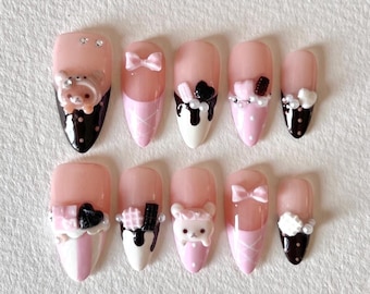Chocolate Teddy Press On Nails – Kawaii Pink Nails, Cute Dessert Nails, 3D Bear Nail Art, Sweet Girly Nails, Handmade Press On Nails