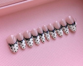 Polka Dot Coquette Press-On Nails – Classic Polka Dot Nails, Black and White French Tip Nail, Cute Ribbon/Bow Set, Elegant Clean Girl Vibe