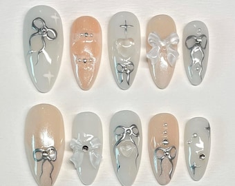 Handmade Press On Nails: Silver Bow, Kawaii False Nails