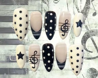 Polka Dots Musical Notes Press-On Nail – Hand-Painted French Tips, Star, Music Notes, Retro Vintage Style Nail, Coquette Nails,