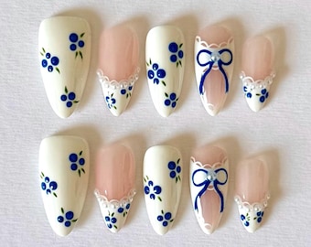 Blueberry Lace French Tip Press On Nails Bow Floral Cute Summer Nails