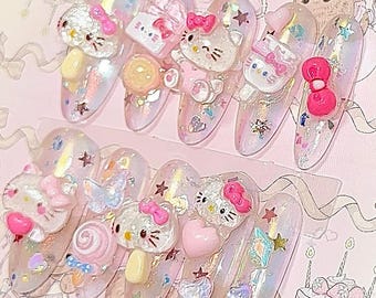 Holographic Kitty Candy Nails – Kawaii Press-On Set with Unique 3D Kitty Charms, Cute Sparkle Set, Pink/Glitter Nail