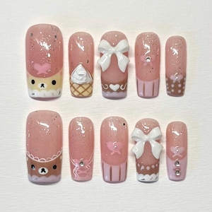 Rilakkuma Cafe Nails – 3D Bows, Ice Cream & Sparkle Press-On Set, Hand-Painted Kawaii Bear Art, For Cute Date, Soft girl and Harauku fashion