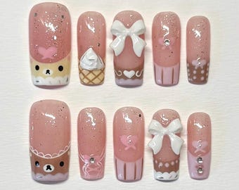 Rilakkuma Cafe Nails – 3D Bows, Ice Cream & Sparkle Press-On Set, Hand-Painted Kawaii Bear Art, For Cute Date, Soft girl and Harauku fashion