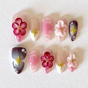 Purple Floral Dream Press On Nails – Floral Purple Nails, Handmade 3D Flower Nails, Elegant Pastel Nails, Spring Summer Nail Art Set