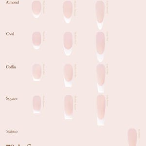 May include: A nail shape guide featuring almond, oval, coffin, square, and stiletto shapes in short, medium, long, and XL sizes. The guide includes measurements in millimeters and the text "79th Street Nails Shape Guide".