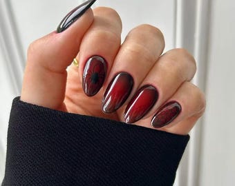 Vampire Press On Nails – Red and Black Ombre Halloween Nails, Spider & Web Nail Art, Gothic Almond Nails for Party, Cosplay, Holiday Wear