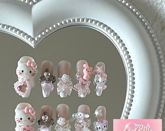Ongles à presser Princesse Kitty - Ensemble de breloques roses kawaii, fait main avec amour, pour fille douce et rêveuse, Ongles de luxe