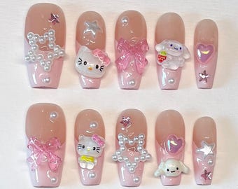 Ongles Cutie – Kitty Kitty avec breloques 3D, ongle rose pâle, ongle mignon pour fille/rêve