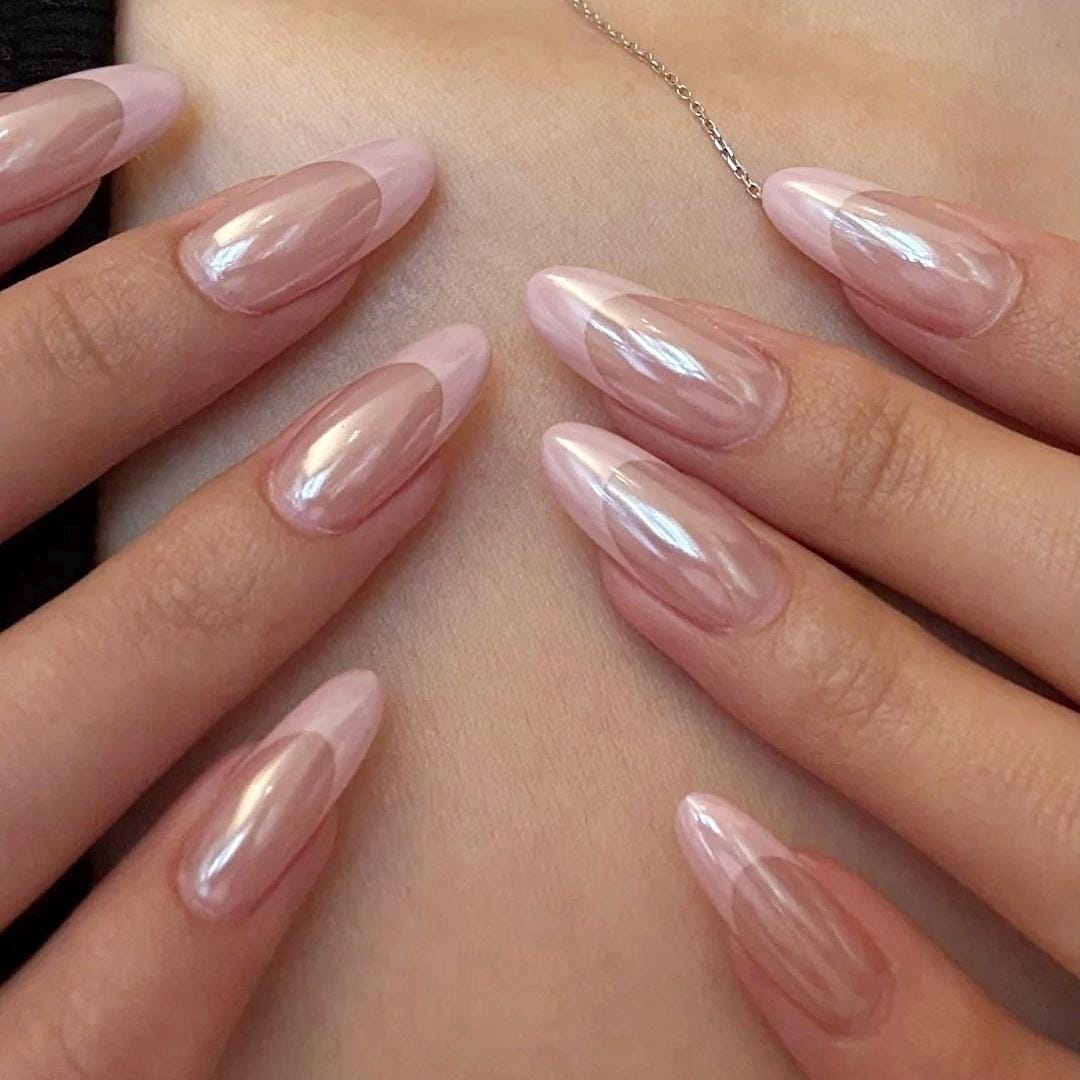 Glazed Petal French Nails – Elegant, Glossy, and Effortlessly Timeless Press-On Set, Clean-Girl Nail, Soft Glam/Blush Chrome Nail