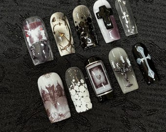 Cathedral Shadows Press-on Nails – Unique Handcrafted Gothic Nails, Baroque Cathedrals, Dark Academia, Vintage Catholic Iconography