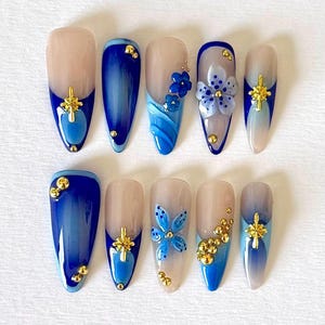 Eternity Bloom Press On Nails – Blue Floral Nails with Gold Accents, Handmade 3D Flower Nails, Elegant Press On Nail Set, Reusable Nail Art