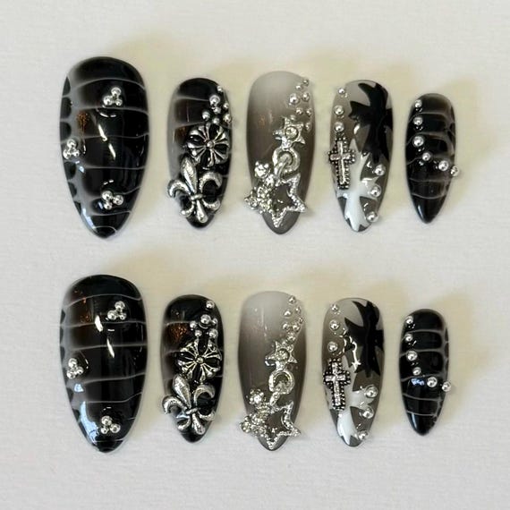Chrome Star Nails – Gothic Black Chrome Press-On Set with Stars & Rhinestones, 3D Charms and Star, Trendy Hot Girl/Dark Punk Cross Nail