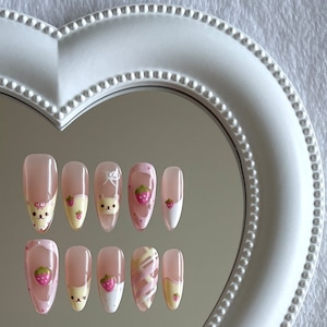 Bowy Bear Press-On Nails – Hand-Painted Strawberry Bear Nail, Kawaii Fashion Lover, Harajuku Style, Or As A Gift For Her