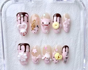 Sweet Bunny Café Press On Nails – Kawaii 3D Bunny & Bear Nails, Chocolate Drip Nail Art, Pink Dessert Nails, Cute Handmade Press Ons