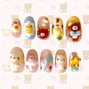 Sweet Rilakkuma Picnic – 3D Kawaii Bear Press-On Nails, Cute Cartoon Bear & Chick Nail Art, Pastel Dessert-Inspired Nail Set, Handmade Nails