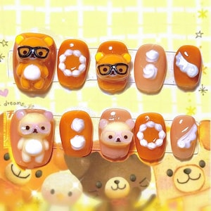 Caramel Bear Cafe Nails – Rilakkuma Press-On Set with 3D Characters in Glasses, Kawaii Dessert Nail, Handmade Original Nails, Cute Girl Vibe