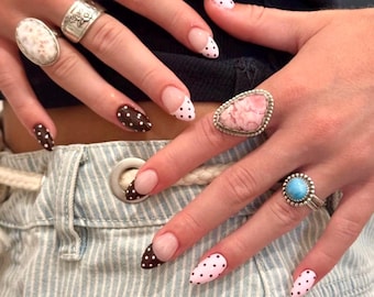 Choco Strawberry Polka Dot Press-On Nails – Cute Pink & Brown Almond French Tip Set, Retro Reusable Nails Set