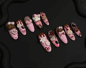 Ongles à clipser Kitty : breloques dessert au chocolat 3D, décorations d'ongles kawaii