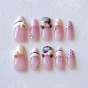 Banana Monkey Press On Nails, Kawaii Monkey Nails, Cute Animal Press On Nails, Banana Pudding Nails, Dessert Nails, Handmade Gel Nails