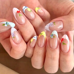 Summer Orchard Press-On Nails – Fruit French Tips, Cherry Lemon Hand-Painted Gel Nails, Pastel Stripes Cute Summer Nail Set