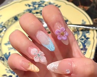 Tropical Garden Breeze Press-on Nails – 3D Hand-Sculpted Flowers Nail, Summer Ocean/Beach Nail, Pretty Seashell, Handmade Luxury Press Ons
