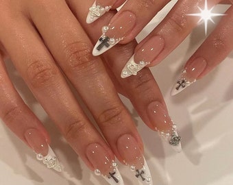 Be My Chrome Pearls French Tip Nails – Gothic Angelcore Cross & Orb Press-On Set, Classic Beauty with Gothic Elegance, Edgy Vibes Nail