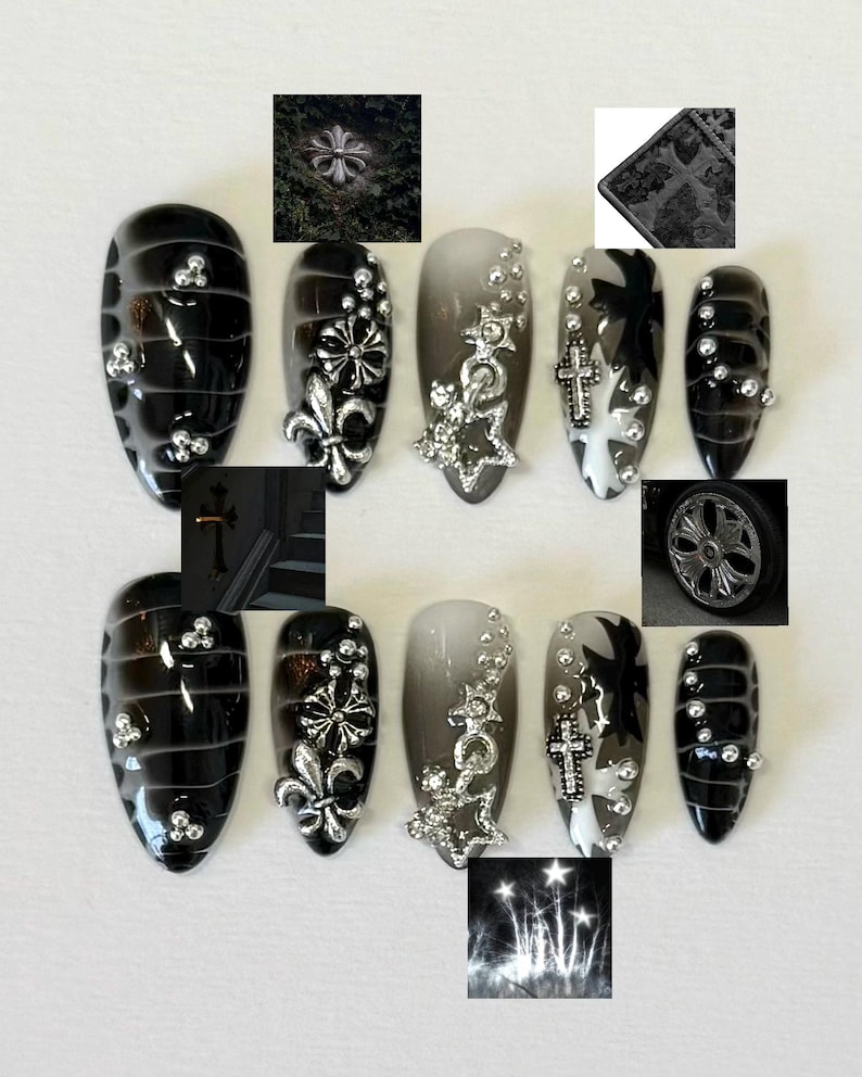 May include: Set of ten black and white press-on nails with silver accents. The nails feature a variety of designs, including crosses, stars, and fleur-de-lis.