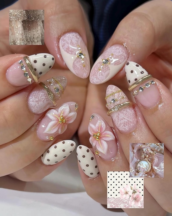 Coquette Lace Press On Nails, Romantic Floral Nails, Polka Dot French Tip Nails, Vintage Pink Gel Press Ons
