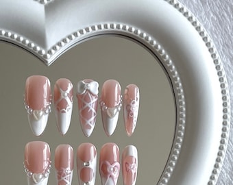 Coquette Girly Press-On Nails – Lace-Up Ribbons, Pearls & 3D Bows Nails, perfect for Valentine's Day, Wedding, or Soft Girl Aesthetics