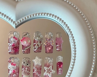 Pink Skull Kitty Press on Nails - Glitter 3D Charms with Pearls & Rhinestones, Perfect Y2k/Harajuku/Kawaii Nail