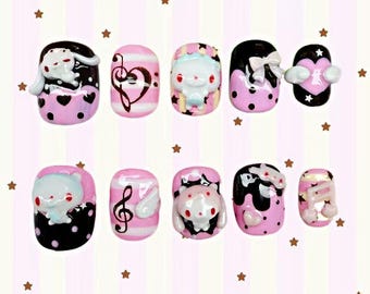 Sweet Melody Press On Nails – Kawaii Pink Nails,  Cute Character Press Ons, 3D Bunny Nails, Girly Aesthetic Nails, Handmade Press On Nails